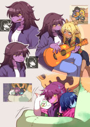  >_< 1other 2boys 2girls absurdres acoustic_guitar antlers averting_eyes blush colored_skin commentary_request deer_girl deltarune derivative_work freckles furry furry_female furry_male game_screenshot_inset group_hug guitar highres holding holding_guitar holding_instrument horns hug instrument jackenstein_(deltarune) kris_(dark_world)_(deltarune) kris_(deltarune) mitorizu_02 multiple_boys multiple_girls noelle_holiday playing_games purple_skin ralsei reference_inset reptile_girl screenshot_inset screenshot_redraw sharp_teeth susie_(dark_world)_(deltarune) susie_(deltarune) teeth the_fun_gang utdr_(toby_fox) yuri 