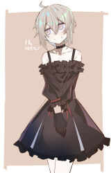  1girl averting_eyes black_dress black_gloves blush brown_hair choker cowboy_shot dress e_sky_rugo frilled_dress frills girls_frontline gloves highres looking_to_the_side m200_(girls'_frontline) solo v_arms violet_eyes 