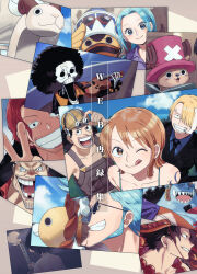  3girls 6+boys ;q absurdres antlers bare_shoulders bead_necklace beads bird black_hair black_jacket blonde_hair blue_hair blue_shirt brook_(one_piece) brown_overalls collarbone commentary_request fish_boy franky_(one_piece) full_moon goggles goggles_on_headwear going_merry hat highres holding holding_instrument holding_sword holding_violin holding_weapon horns instrument jacket jewelry jinbe_(one_piece) karoo_(one_piece) katana long_hair long_nose looking_at_viewer marshall_d._teach moon multiple_boys multiple_girls music nami_(one_piece) necklace nefertari_vivi ns1123 one_eye_closed one_piece orange_hair overalls pink_hat playing_instrument portgas_d._ace red_hair reindeer_antlers reindeer_boy sanji_(one_piece) shanks_(one_piece) shimotsuki_kuina shirt short_hair shoulder_tattoo skull sunglasses sword tattoo thousand_sunny tongue tongue_out tony_tony_chopper upper_body usopp v violin weapon 