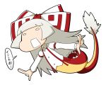  arm_garter azuman bangs blunt_bangs bottomless bow chibi dragon_tail flying fujiwara_no_mokou hair_bow long_hair o_o open_mouth outstretched_arms silver_hair simple_background solo straight_hair suspenders tail touhou very_long_hair white_background white_hair 