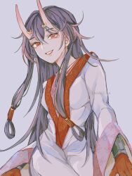  1girl artist_name brown_hair chiyo_(genshin_impact) colored_skin commentary genshin_impact hair_between_horns head_tilt headpiece highres horns japanese_clothes lansecha leaning_to_the_side long_hair long_sleeves multicolored_skin oni parted_lips purple_background red_eyes red_oni red_skin simple_background skin-covered_horns smile solo teeth two-tone_skin upper_body watermark wavy_hair wide_sleeves 