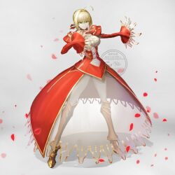  152_in_can 1girl ahoge armored_boots blonde_hair boots breasts closed_mouth commentary_request corset dress epaulettes eyebrows_hidden_by_hair falling_petals fate_(series) full_body green_eyes hand_on_own_chest highres juliet_sleeves large_breasts long_sleeves looking_at_viewer medium_hair nero_claudius_(fate) petals puffy_sleeves red_corset red_dress smile solo 