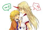  2girls 80yakky angry annoyed blonde_hair blush eye_contact height_difference horn hoshiguma_yuugi looking_at_another mizuhashi_parsee multiple_girls profile shirt_grab short_sleeves simple_background speech_bubble touhou white_background wide_sleeves 