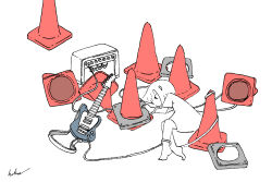 1girl absurdres amplifier barefoot cable commentary electric_guitar guitar highres instrument kaduise lying on_side original oversized_clothes oversized_shirt shirt short_hair short_sleeves signature solo traffic_cone 