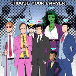  1girl ace_attorney better_call_saul blind breaking_bad colored_skin crossover daredevil_(series) dress_suit formal_clothes glasses harvey_birdman harvey_birdman:_attorney_at_law jujutsu_kaisen marvel matt_murdock multiple_boys parody phoenix_wright round_eyewear saul_goodman she-hulk suit sunglasses tall_female wanderjegson 