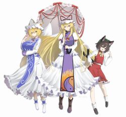  3girls :d animal_ears arm_under_breasts black_shoes blonde_hair blue_tabard boots bow bowtie breasts brown_boots brown_eyes brown_hair cat_ears cat_girl cat_tail chen closed_mouth commentary dress expressionless fox_girl fox_tail frills full_body hair_between_eyes hair_ribbon hand_on_own_hip hand_up hat highres holding holding_ofuda holding_umbrella kitsune kyuubi large_breasts long_hair long_sleeves looking_at_viewer medium_hair mob_cap multiple_girls multiple_tails ofuda open_mouth purple_tabard red_skirt red_vest ribbon shirt shoes sidelocks skirt smile socks standing syachitaromaru tabard tail touhou umbrella very_long_hair vest violet_eyes white_background white_dress white_shirt white_socks yakumo_ran yakumo_yukari yellow_bow yellow_bowtie yellow_eyes 