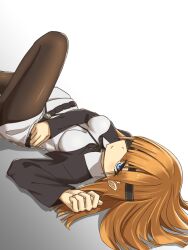  1girl belt black_jacket blue_eyes blush breasts brown_hair brown_pantyhose commentary_request elfenlied22 eyepatch fate/grand_order fate_(series) highres jacket long_hair long_sleeves looking_at_viewer lying medium_breasts multicolored_jacket on_back ophelia_phamrsolone pantyhose sidelocks solo thighs two-tone_jacket white_jacket 
