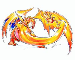  charizard claws colored_skin dragon fire flame-tipped_tail from_behind mega_charizard_y no_humans open_mouth orange_skin pokemon pokemon_(creature) signature simple_background solo tail to_the_maxio torn_wings white_background wings 