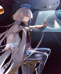  1girl colored_eyelashes commentary crystal_shards dress earrings euruuu gradient_clothes gradient_dress grey_hair hair_intakes hair_over_one_eye halo holographic_interface id_card jacket jewelry lynae_(wuthering_waves) mornye_(wuthering_waves) multiple_rings purple_dress red_eyes ring see-through_body space white_jacket wuthering_waves 