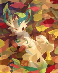  :3 animal_focus autumn_leaves brown_fur commentary english_commentary full_body green_fur highres june_buns leaf leafeon looking_at_viewer lying no_humans on_back one_eye_closed pawpads pokemon pokemon_(creature) pokemon_focus solo yellow_fur 