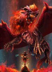  1girl absurdres back between_fingers blue_eyes claws commentary_request dragon facing_away fangs fire giant giant_monster highres holding holding_needle horns japanese_clothes kurotokusa lava mane monster monster_hunter_(series) monster_hunter_rise needle needles_between_fingers open_mouth outstretched_arms scales size_difference slit_pupils tail teostra wings yomogi_(monster_hunter) 