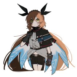  1444tmt 1girl :/ absurdres arknights belt black_belt black_gloves black_pants blush bracelet brown_hairband clenched_hand clothing_cutout commentary_request cosplay cropped_legs expressionless freckles gloves green_eyes grey_shirt hair_spread_out hairband highres infection_monitor_(arknights) ishmael_(project_moon) jewelry limbus_company long_hair midriff_peek navel no_nose orange_hair pants project_moon shirt simple_background skadi_(arknights) skadi_(arknights)_(cosplay) solo thigh_cutout very_long_hair white_background 