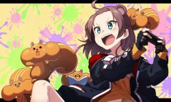  1girl ahoge animal_ears aqua_eyes bangs_pinned_back black_gloves black_jacket blush brown_hair commentary_request controller creature_on_lap fingerless_gloves forehead game_controller gloves holding holding_controller holding_game_controller hololive jacket letterboxed matsurisu medium_hair natsuiro_matsuri natsuiro_matsuri_(gaming_casual) official_alternate_costume official_alternate_hairstyle open_mouth orange_shirt shirt solo splatter_background sweatdrop tokumaro two-sided_fabric two-sided_jacket v-shaped_eyebrows virtual_youtuber 