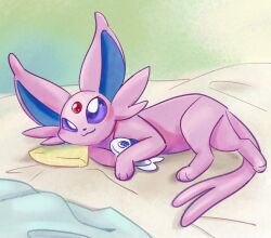 :3 animal_focus bright_pupils character_doll doll espeon forehead_jewel forked_tail full_body gem green_background highres june_buns looking_at_viewer lying no_humans on_bed pokemon pokemon_(creature) pokemon_focus purple_fur red_gem simple_background solo tail violet_eyes white_pupils wishiwashi wishiwashi_(solo) 