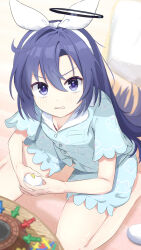  1girl absurdres angry animal_print barefoot black_halo blue_archive blue_pajamas blue_shorts blush bow bra bra_peek cat_print clenched_teeth colored_eyelashes commentary crying crying_with_eyes_open defeat eyelashes foot_out_of_frame from_above hair_between_eyes hair_bow hair_down hairband halo highres indoors interlocked_fingers knees_out_of_frame long_hair looking_at_viewer mechanical_halo mochikumo official_alternate_costume official_alternate_hairstyle own_hands_together pajamas pop-up_pirate purple_hair purple_pupils short_sleeves shorts sidelocks single_hair_intake sitting solo tears teeth underwear upturned_eyes v-shaped_eyebrows very_long_hair violet_eyes wariza white_bow white_hairband yuuka_(blue_archive) yuuka_(pajamas)_(blue_archive) 