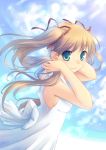  blue_eyes blue_sky bow breasts brown_hair bust cloud clouds dress hair_ribbon hand_in_hair large_bow long_hair looking_at_viewer megumu original ribbon sky smile solo twintails white_dress 