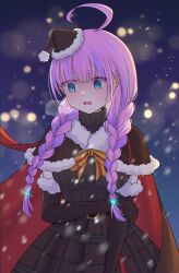  1girl absurdres ahoge backlighting belt black_belt black_capelet black_gloves black_hat black_skirt black_sweater blue_eyes blunt_bangs braid capelet christmas commentary_request cowboy_shot date_akari date_akari_(holiday_star_night) downturned_eyes elbow_gloves eyelashes eyes_visible_through_hair floating_cape fur-trimmed_capelet fur-trimmed_gloves fur-trimmed_headwear fur_trim furrowed_brow glint gloves hand_on_own_arm hat heaven_burns_red highres huge_ahoge light_particles long_hair looking_down low_twin_braids night official_alternate_costume outdoors plaid_clothes plaid_skirt ribbed_sweater santa_costume santa_hat shaded_face sizmaru11 skirt snowflakes snowing solo sweater turtleneck twin_braids very_long_hair wind winter 