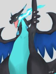 1other arm_behind_back arm_up armpits artist_name black_skin blue_fire blue_outline blue_skin breathing_fire charizard colored_skin dragon fangs fire flexing furry grey_background horns mega_pokemon no_humans open_mouth outline pokemon pokemon_(creature) sharp_fingernails signature simple_background solo spikes tail tongue tongue_out two-tone_skin uchikki_riza white_pupils wings