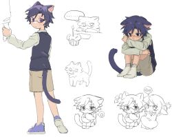  1boy 1girl aged_down animal_ears black_vest blue_eyes blue_hair blue_shoes brown_shorts cat_boy cat_ears cat_tail chaos;child child chirp_co2 commentary_request dress_shirt glasses hugging_own_legs miyashiro_takuru multiple_views onoe_serika science_adventure shirt shoes short_hair shorts sneakers tail vest white_shirt 