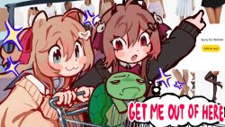  2girls :3 amazon_(company) animal_ears aqua_eyes black_jacket blush blush_stickers bow brown_jacket cat_ears cat_girl closed_mouth commentary demon_horns english_commentary english_text evil_neuro-sama eyelashes fang hair_ribbon horns in_shopping_cart jacket long_sleeves multiple_girls neuro-sama official_art open_mouth pasharuu pointing red_bow red_eyes red_ribbon ribbon screenshot_inset second-party_source shirt shopping_cart siblings sisters skin_fang smile speech_bubble thought_bubble turtle twins vedal987 vedal_ai video_thumbnail virtual_youtuber white_shirt youtube_video_thumbnail 