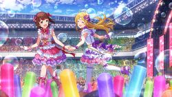  2girls :d amami_haruka blonde_hair boots bow bowtie brown_hair bubble card_commentary commentary_request concert day dress floating_hair frilled_dress frills game_cg glowstick green_eyes hair_bow high_heels holding holding_hands holding_microphone idol idol_clothes idolmaster idolmaster_(classic) idolmaster_million_live! idolmaster_million_live!_theater_days lace-up_boots layered_dress long_hair looking_at_another microphone multiple_girls multiple_hair_bows official_alternate_costume official_art open_mouth outdoors pink_boots pink_bow pink_bowtie shinomiya_karen short_hair sleeveless sleeveless_dress smile stage standing thigh-highs third-party_source walking white_thighhighs 