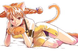  aika_(eternal_arcadia) aika_(skies_of_arcadia) animal_ears bad_id cat_ears cat_paws cat_tail earrings eternal_arcadia hair_ribbon jewelry kyotuka long_hair lying naughty_face orange_hair paws ribbon simple_background tail touhou twintails 