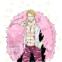  1boy abs absurdres blonde_hair brown_eyes coat commentary_request cowboy_shot donquixote_doflamingo hand_in_pocket highres holding holding_removed_eyewear injury looking_at_viewer male_focus muscular muscular_male one_eye_closed one_piece open_clothes open_shirt pink_coat scar scar_on_chest scar_on_stomach shirt short_hair smile somusomusom sunglasses unworn_eyewear white_shirt 