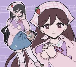  1girl :d asymmetrical_legwear bag basket black_eyes black_hair blue_hakama blue_shorts blush bright_pupils character_doll closed_mouth collared_shirt contrast_collar doll dot_nose double-parted_bangs feet_out_of_frame flat_color flower fur_jacket hair_behind_ear hair_between_eyes hakama hakama_shorts hands_up hashtag-only_commentary headscarf hero_(faraway)_(omori) hero_(omori) highres holding holding_bag interlocked_fingers jacket japanese_clothes kneehighs lily_of_the_valley long_sleeves looking_at_viewer mari_(birthday)_(omori) mari_(faraway)_(omori) mari_(omori) multiple_views musical_staff neck_ribbon official_alternate_costume omori open_mouth outline own_hands_clasped own_hands_together pink_jacket pink_socks puffy_long_sleeves puffy_sleeves purple_background purple_shirt red_ribbon ribbed_socks ribbon shirt shirt_tucked_in shorts shoulder_bag simple_background smile socks socks_over_thighhighs standing straight_hair strawberry_hat_ornament tareme thigh-highs true_erg uneven_legwear upper_body waving white_flower white_headscarf white_outline white_pupils white_thighhighs 