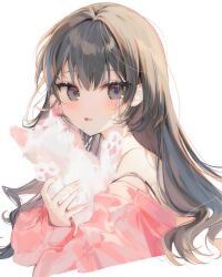  1girl aimi_(mimi_nii2) animal backlighting bare_shoulders black_bra black_eyes black_hair blush bra bra_peek bra_strap cat cropped_torso from_behind hair_between_eyes hair_intakes highres holding holding_animal holding_cat light_smile long_hair long_sleeves looking_at_viewer looking_back off-shoulder_sweater off_shoulder open_mouth original pale_skin pink_sweater puffy_long_sleeves puffy_sleeves sidelocks simple_background solo sweater tongue tsurime underwear wavy_hair white_background white_cat 