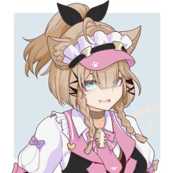  1girl ahoge animal_ears baili_baigal black_vest blue_background blue_eyes blunt_bangs border breasts brown_hair cat_ears cat_girl chinese_commentary commentary_request green_eyes heterochromia highres honkai_(series) honkai_impact_3rd medium_breasts official_alternate_costume open_mouth pardofelis pardofelis_(meowtose_macchiato) shirt short_hair_with_long_locks solo upper_body vest visor_cap white_border white_shirt 