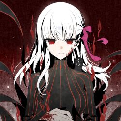  1girl black_dress corruption dark_background dark_persona dark_sakura dress empty_eyes expressionless fate/stay_night fate_(series) gradient_background hair_ribbon hashtag-only_commentary heaven's_feel highres long_hair matou_sakura minamisakura011 red_eyes red_ribbon ribbon solo striped_clothes striped_dress vertical-striped_clothes vertical-striped_dress white_hair 