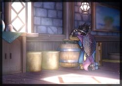  1boy barrel black_hair blue_tunic brown_pantyhose brown_shoes circlet cloak dragon_quest dragon_quest_iii gloves grey_gloves hero_(dq3) highres indoors kneeling lantern looking_at_object male_focus pantyhose picture_frame purple_cloak rei_(teponea121) roto_(dq3) shield shield_on_back shoes solo sunlight sword sword_on_back tunic weapon weapon_on_back window 