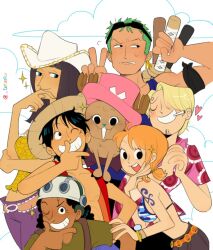  2girls 5boys antlers arm_tattoo bandana bikini bikini_top_only black_bandana black_hair blonde_hair blunt_bangs brown_overalls cesel closed_eyes clouds commentary cowboy_hat cross earrings facial_hair goatee goggles goggles_on_head green_hair hat heart horns jewelry long_nose looking_at_viewer medium_hair monkey_d._luffy multiple_boys multiple_girls nami_(one_piece) nico_robin one_eye_closed one_piece orange_hair overalls pink_hat reindeer_antlers roronoa_zoro sanji_(one_piece) short_hair smile sparkle straw_hat straw_hat_pirates swimsuit tattoo tony_tony_chopper twintails twitter_username usopp v white_hat 