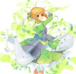  adapted_costume ahoge armor armored_dress blonde_hair fate/stay_night fate_(series) green green_eyes hair_ribbon highres invisible_air kaisen leaf puffy_sleeves ribbon saber solo wind 