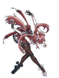  1girl animal_ears asymmetrical_footwear ballerina ballet_slippers bent_over black_gloves dancing dress ear_covers feather_hair_ornament feathers full_body gem gloves green_eyes green_gem hair_between_eyes hair_ornament highres horse_ears horse_girl horse_tail long_hair low_twintails mismatched_footwear pantyhose pikminpreggedup red_dress red_hair simple_background solo tail twintails umamusume white_background win_variation_(dramatic_tutu)_(umamusume) win_variation_(umamusume) 