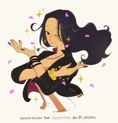  1girl black_hair black_jacket blue_eyes bracelet cesel commentary commission cropped_jacket crossed_arms dress falling_petals floating_hair high_collar jacket jewelry long_hair looking_at_viewer necklace nico_robin one_eye_closed one_piece one_piece_film:_red petals pink_petals purple_nails simple_background smile solo sparkle striped_clothes striped_dress twitter_username upper_body vertical-striped_clothes vertical-striped_dress white_background 