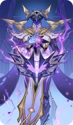  1boy abyss_lector_(genshin_impact) armor bad_source book cape colored_skin cuisses electricity floating floating_book floating_object gem genius_invokation_tcg_(style) genshin_impact glowing glowing_eyes gold_trim greaves halo halo_behind_head hand_up helmet looking_at_viewer male_focus mechanical_halo official_art open_book pauldrons pelvic_curtain purple_cape purple_gem purple_skin shoulder_armor solo tabard vambraces violet_eyes white_tabard 