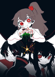  3girls bear_hair_ornament black_eyes black_hair brown_hair carmen_(project_moon) closed_mouth commentary enkephalin_(project_moon) hair_ornament high_ponytail lab_coat library_of_ruina long_hair mochigome_138 multiple_girls ponytail project_moon red_eyes short_hair sidelocks smile string string_of_fate untranslatable_commentary very_long_hair xiao_(project_moon) yujin_(project_moon) 