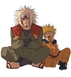  facial_mark flak_jacket forehead_protector highres jacket jiraiya_(naruto) konohagakure_symbol naruto_(classic) naruto_(series) orange_pants pants sleeping spiky_hair teacher_and_student uzumaki_naruto vad_end whisker_markings 