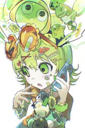  1girl :o bandaid blush bow bracelet bubble_tea carrot cd cellphone_charm charm_(object) chromatic_aberration clover commentary_request cup flower-shaped_eyewear glint green_eyes green_hair green_nails gumi hair_bow hair_ornament hairclip highres holding holding_phone jewelry keroro keroro_gunsou long_sleeves m888992l7 marker open_mouth orange_shirt phone shirt shirt_under_shirt short_hair short_sleeves simple_background solo sticker sticker_on_face sunglasses vocaloid white_background x_hair_ornament 