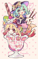  2girls :d :q black_hat black_skirt blonde_hair blueberry blush bow bowtie cherry chibi chibi_only commentary_request cutout_eyelashes flandre_scarlet food fork fruit glass green_eyes green_hair hand_on_own_cheek hand_on_own_face hat hat_bow heart heart-shaped_pupils heart_background heart_of_string highres holding holding_fork kiwi_(fruit) kiwi_slice komeiji_koishi kyouda_suzuka long_hair looking_at_viewer macaron medium_hair mob_cap multiple_girls one_side_up open_mouth parfait pocky puffy_short_sleeves puffy_sleeves red_bow red_eyes shirt short_sleeves skirt smile strawberry striped_bow symbol-shaped_pupils third_eye tongue tongue_out touhou twitter_username wafer_stick white_hat white_shirt wings yellow_bow yellow_bowtie yellow_shirt 