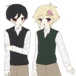  2boys :d :| alternate_sleeve_length antenna_hair aqua_eyes arm_at_side arms_at_sides basil_(faraway)_(omori) basil_(omori) black_eyes black_hair black_sweater_vest blonde_hair blush brown_pants canvas_texture closed_mouth collared_shirt commentary_request dot_nose double-parted_bangs expressionless faux_retro_artstyle flat_color flipped_hair flower green_sweater_vest hair_behind_ear hair_between_eyes hair_flower hair_ornament hand_on_own_arm highres leaf looking_at_viewer male_focus multiple_boys omori open_mouth pale_skin pants pink_flower shirt short_hair sidelocks simple_background smile sunny_(omori) sweater_vest tareme true_erg very_short_hair white_background white_shirt 