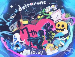  2others 3girls 4boys animal_ears annoying_dog ant_tenna antlers berdly_(dark_world)_(deltarune) berdly_(deltarune) black_sclera blonde_hair blue_skin blue_tongue cloak colored_sclera colored_skin colored_tongue commentary_request copyright_name deer_ears deltarune dog furry furry_female furry_male gerson_(hammer_of_justice) glasses green_pippins hat heterochromatic_eyewear highres horns jackenstein_(deltarune) jester_cap jevil kana_(kanaice) king_(deltarune) kris_(dark_world)_(deltarune) kris_(deltarune) lancer_(deltarune) long_hair looking_at_viewer multiple_boys multiple_girls multiple_others no_eyes noelle_holiday noelle_holiday_(dark_world) one_eye_closed open_mouth pink-tinted_eyewear pink_hair pippins_(deltarune) ponytail queen_(deltarune) ralsei reindeer_antlers reindeer_girl roaring_knight round_eyewear rouxls_kaard sharp_teeth short_hair small_mike_(deltarune) spamton_g._spamton susie_(dark_world)_(deltarune) susie_(deltarune) teeth tinted_eyewear utdr_(toby_fox) white_cloak white_hair yellow-tinted_eyewear yellow_eyes 