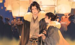  anisatoshii artist_name bluesky_username blunt_bangs bun_cover closed_mouth commentary cow fur-trimmed_robe fur_trim grey_kimono hair_bun hair_ribbon half_updo highres japanese_clothes jinshi_(kusuriya_no_hitorigoto) kimono kusuriya_no_hitorigoto lantern light_smile maomao_(kusuriya_no_hitorigoto) open_mouth parted_lips ribbon robe untranslatable_commentary upper_body violet_eyes 