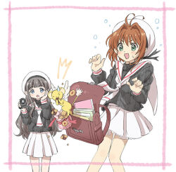  2girls :d :o ^^^ antenna_hair backpack bag black_hair blue_eyes blunt_bangs blush book brown_bag brown_hair camcorder camera cardcaptor_sakura checkerboard_cookie comedic_sweatdrop commentary_request cookie cowboy_shot daidouji_tomoyo dot_nose dropping eating feet_out_of_frame food green_eyes hair_intakes hand_on_own_cheek hand_on_own_face hands_up hat holding holding_camera inset_border kannari kero_(cardcaptor_sakura) kinomoto_sakura long_hair long_sleeves miniskirt multiple_girls no_nose open_mouth petticoat pleated_skirt puffy_long_sleeves puffy_sleeves randoseru sailor_collar school_uniform serafuku short_hair skirt small_sweatdrop smile squeans surprised tareme textbook thumbprint_cookie tomoeda_elementary_school_uniform turtleneck video_camera white_background white_hat white_sailor_collar white_skirt 