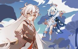  2girls abstract_background absurdres alternate_costume alternate_universe artist_name asmoday_(genshin_impact) bare_shoulders blonde_hair blue_background blue_sky closed_eyes closed_mouth clouds cloudy_sky colored_skin dress floating_hair flower genshin_impact hair_flower hair_ornament halo happy headpiece highres light_smile long_hair looking_at_viewer looking_to_the_side multicolored_skin multiple_girls open_mouth orange_eyes outdoors paimon_(genshin_impact) reaching reaching_towards_viewer sayosasha scene_reference short_hair side_ahoge sky sleeveless smile standing star-shaped_pupils star_(symbol) star_hair_ornament symbol-shaped_pupils tree two-tone_skin upper_body watermark wavy_hair white_flower white_hair 