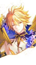  1boy blonde_hair blue_flower closed_mouth cracked_skin flower highres honkai:_star_rail honkai_(series) looking_at_viewer male_focus pectorals phainon_(honkai:_star_rail) phainon_(khaslana)_(honkai:_star_rail) short_hair solo takoren toned toned_male twitter_username upper_body white_background yellow_eyes 