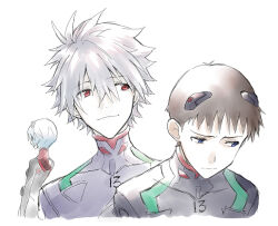  11kkr 1girl 2boys averting_eyes ayanami_rei blue_eyes blue_hair brown_hair closed_mouth commentary_request grey_hair hair_between_eyes ikari_shinji interface_headset_(evangelion) looking_at_another male_focus mecha_pilot_suit multiple_boys nagisa_kaworu neon_genesis_evangelion plugsuit_(evangelion) red_eyes shirt short_hair simple_background 