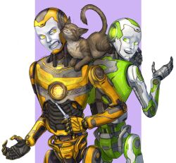  2others :3 absurdres android angry artist_name black_skirt border bruce_(the_talos_principle) cat clenched_teeth colored_extremities colored_skin commentary english_commentary green_eyes green_skin grey_skin hands_up highres holding holding_screwdriver lemangocat looking_at_animal looking_at_another melville_(the_talos_principle) multicolored_skin multiple_others nervous_sweating open_mouth outside_border purple_background scratching_cheek screwdriver signature simple_background skirt smile sweat teeth the_talos_principle_(series) the_talos_principle_2 transparent_border upper_body white_skirt yaqut_(the_talos_principle) yellow_eyes yellow_skin 