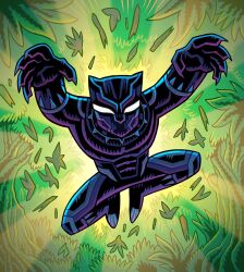  1boy abstract_background armor backlighting black_armor black_panther_(marvel) black_panther_(series) bodysuit claws dan_hipp dappled_sunlight dynamic_pose finger_claws forest game_cg gloves grey_armor jumping jungle male_focus marvel marvel_snap multicolored_armor nature official_art outdoors power_armor sunlight superhero_costume 